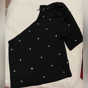 NWOT EXPRESS Embellished Rhinestones Ribbed Puff Sleeve One Shoulder Tee Size S